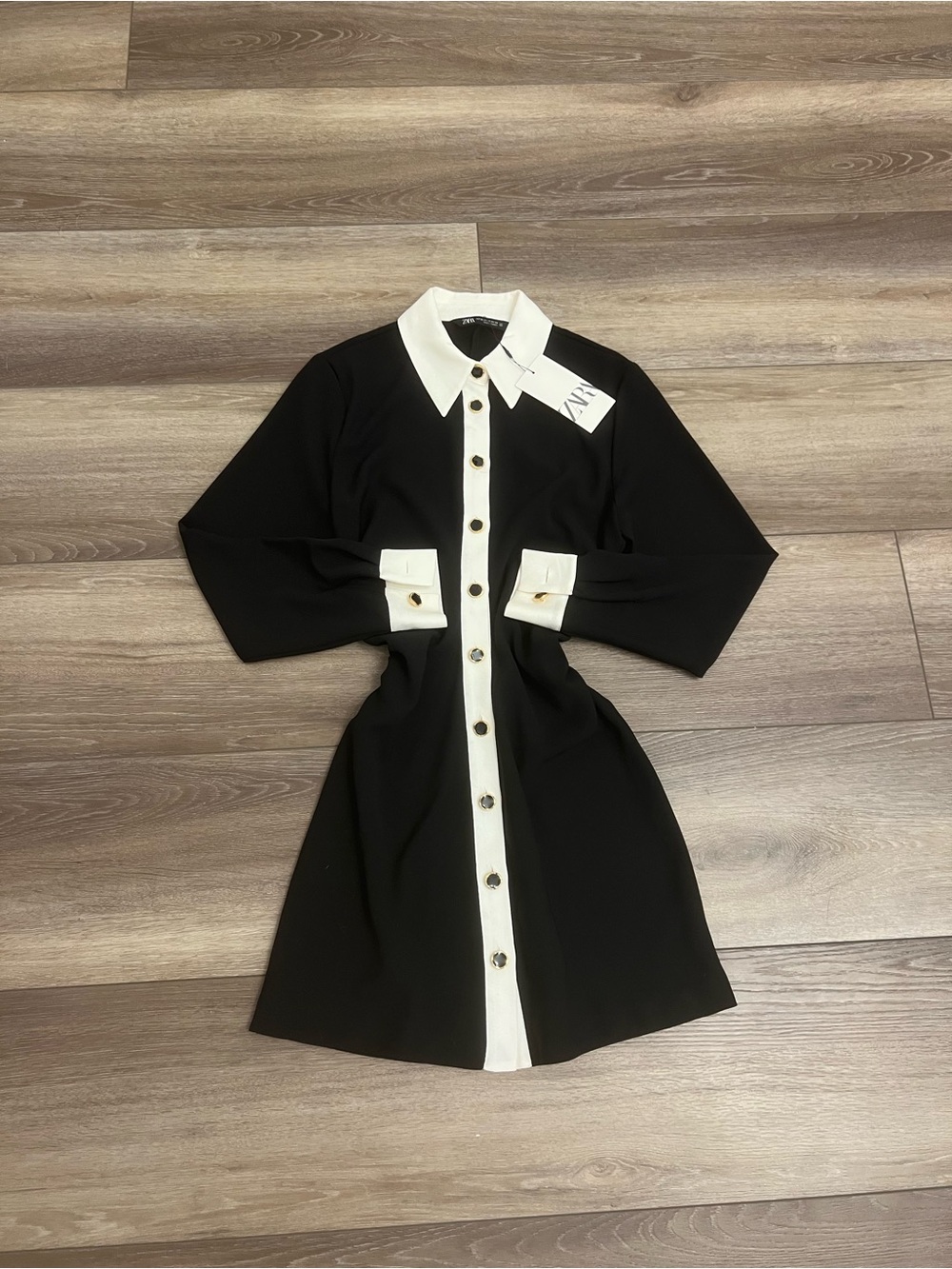 Zara Black Dress with White Trim and Gold Buttons